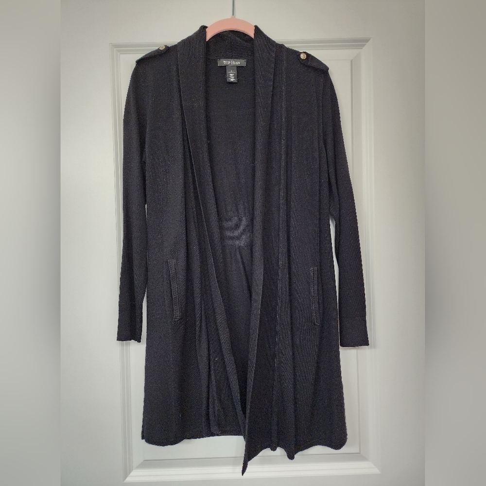 WHBM soft black cardigan with pockets and silver shoulder loop detail. size S